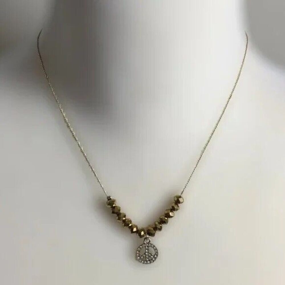 Peace Sign Necklace Gold Tone Dainty 18in Chain Metallic Glass Beads